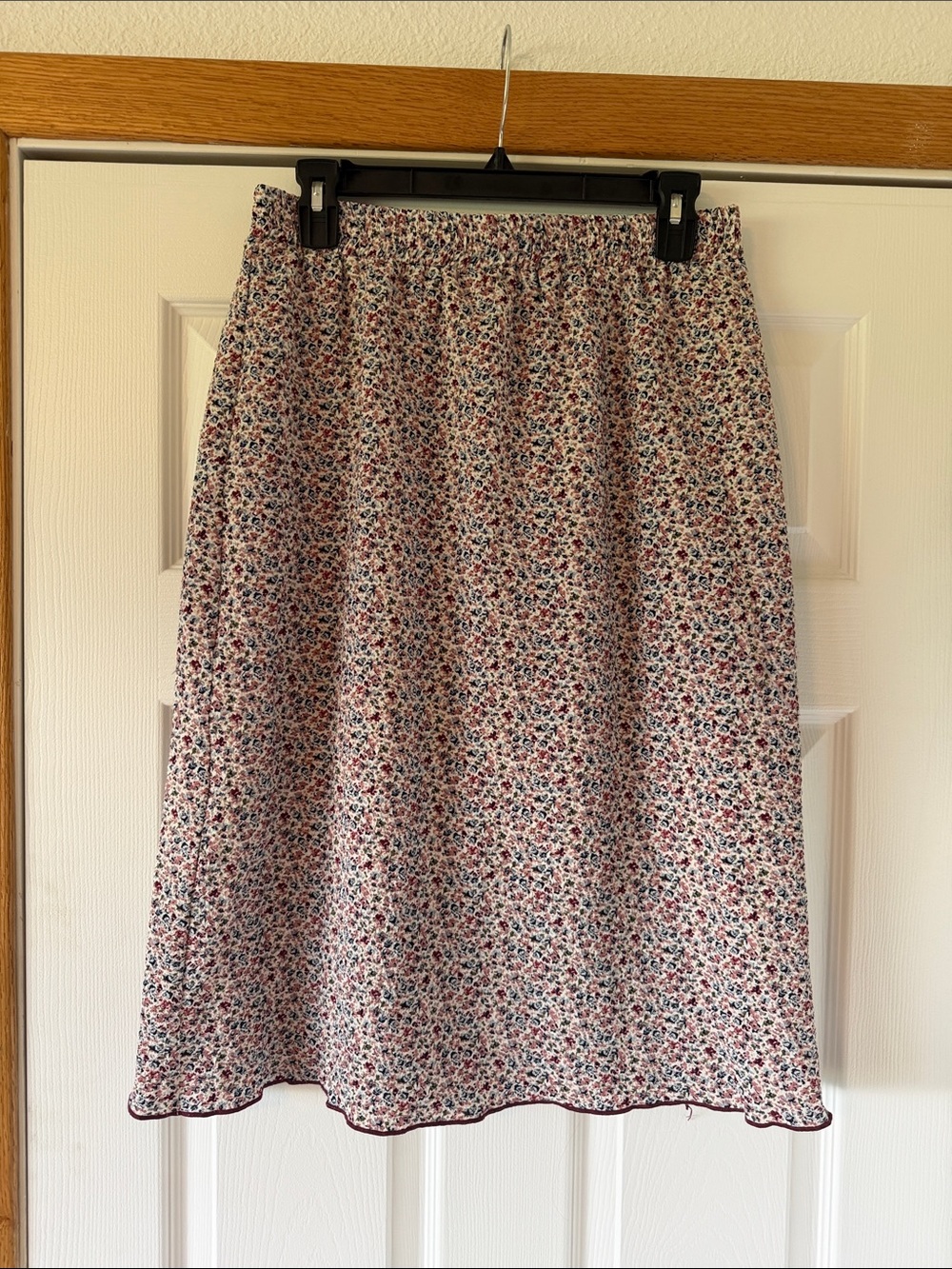 Floral A-Line Midi Skirt in White with Red & Blue Print